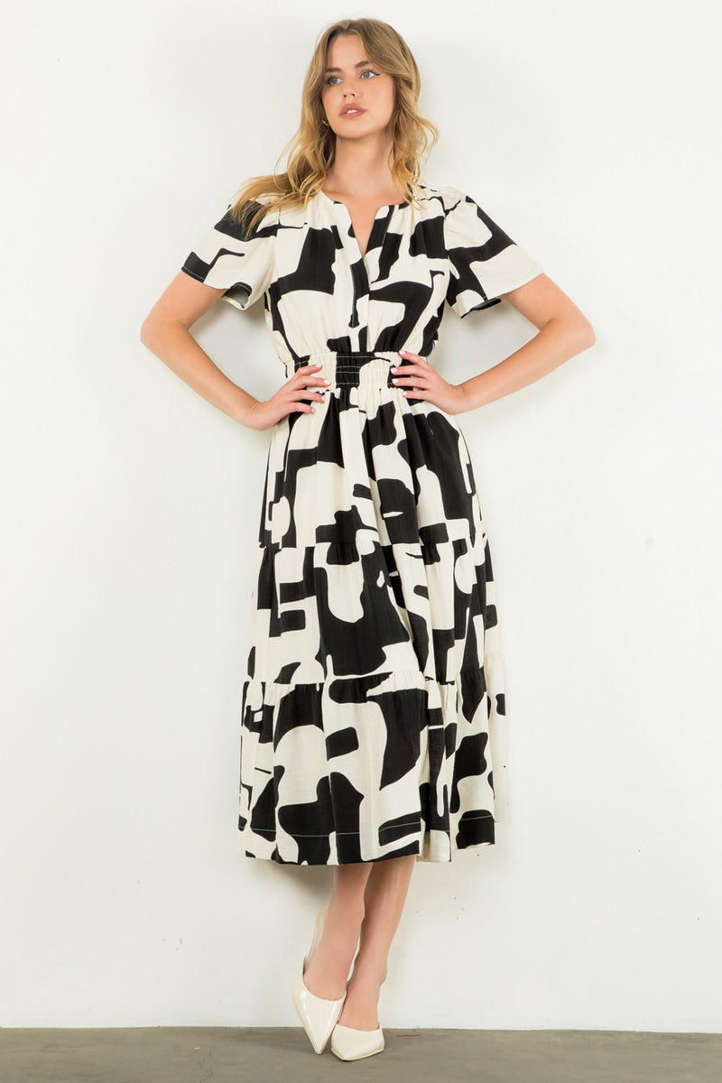 THML Black/white ruched waist midi