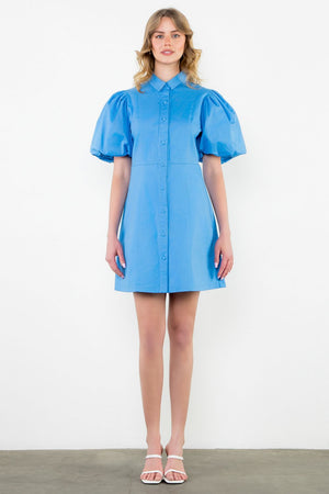 THML Puff Sleeve Blue button up dress