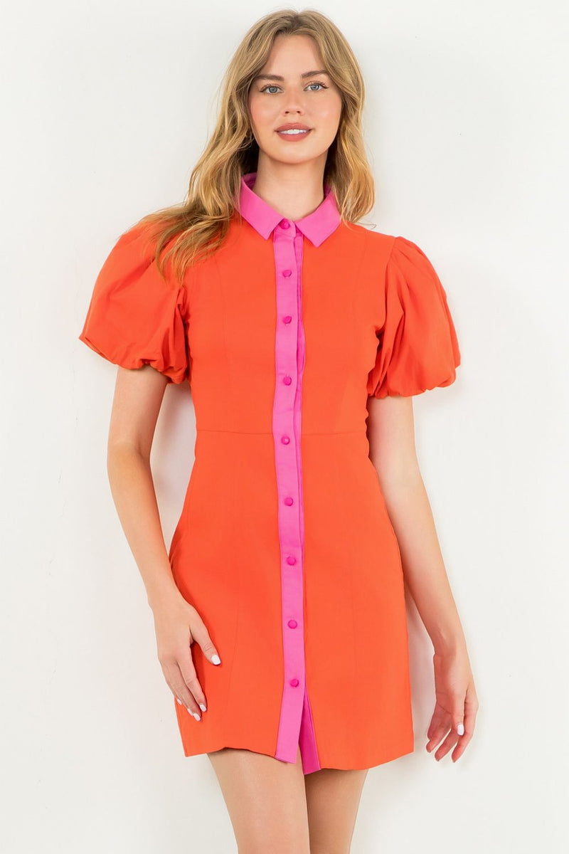 THML Puff Sleeve Orange/Pink Mini Dress
