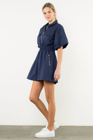 THML Navy Zip Puff Sleeve Dress