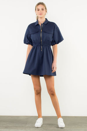 THML Navy Zip Puff Sleeve Dress