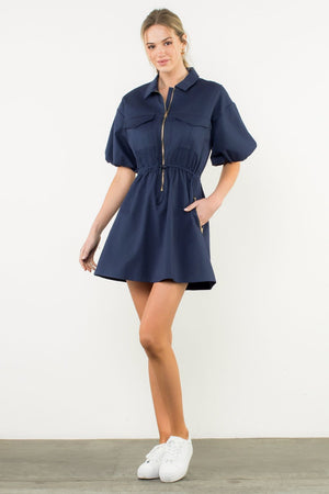 THML Navy Zip Puff Sleeve Dress