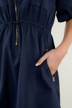 THML Navy Zip Puff Sleeve Dress