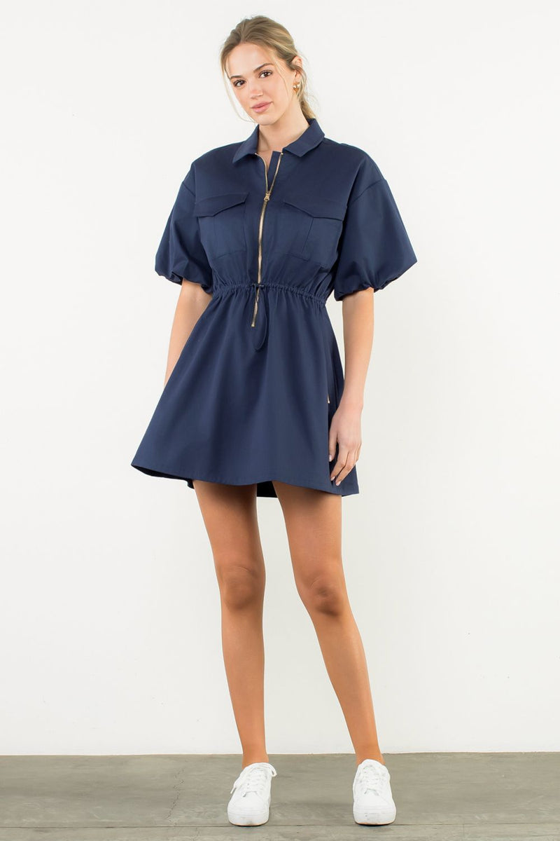 THML Navy Zip Puff Sleeve Dress