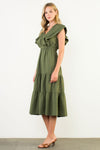 THML Olive Flutter Sleeve Textured Midi