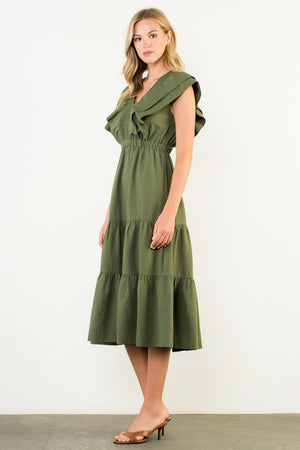 THML Olive Flutter Sleeve Textured Midi