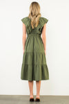 THML Olive Flutter Sleeve Textured Midi