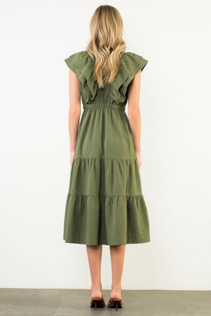 THML Olive Flutter Sleeve Textured Midi