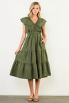 THML Olive Flutter Sleeve Textured Midi
