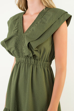 THML Olive Flutter Sleeve Textured Midi