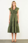 THML Olive Flutter Sleeve Textured Midi