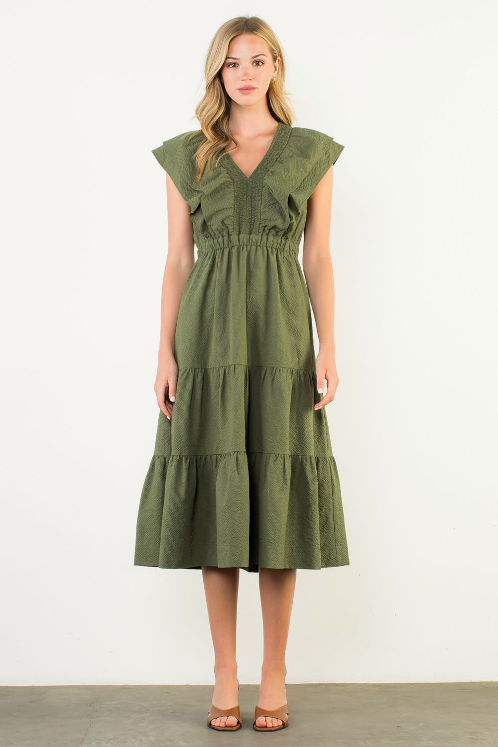 THML Olive Flutter Sleeve Textured Midi