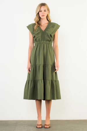 THML Olive Flutter Sleeve Textured Midi
