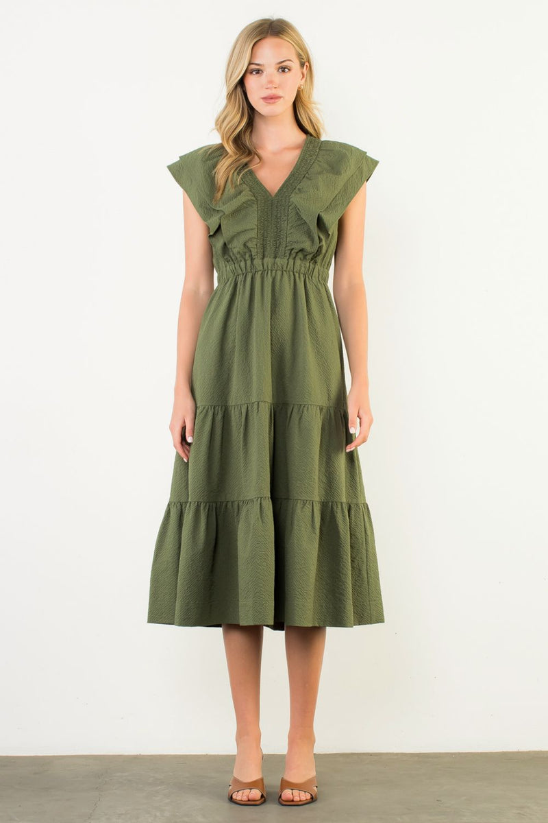 THML Olive Flutter Sleeve Textured Midi