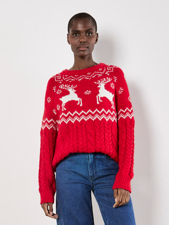 Apricot Reindeer Cable Mix Sweater