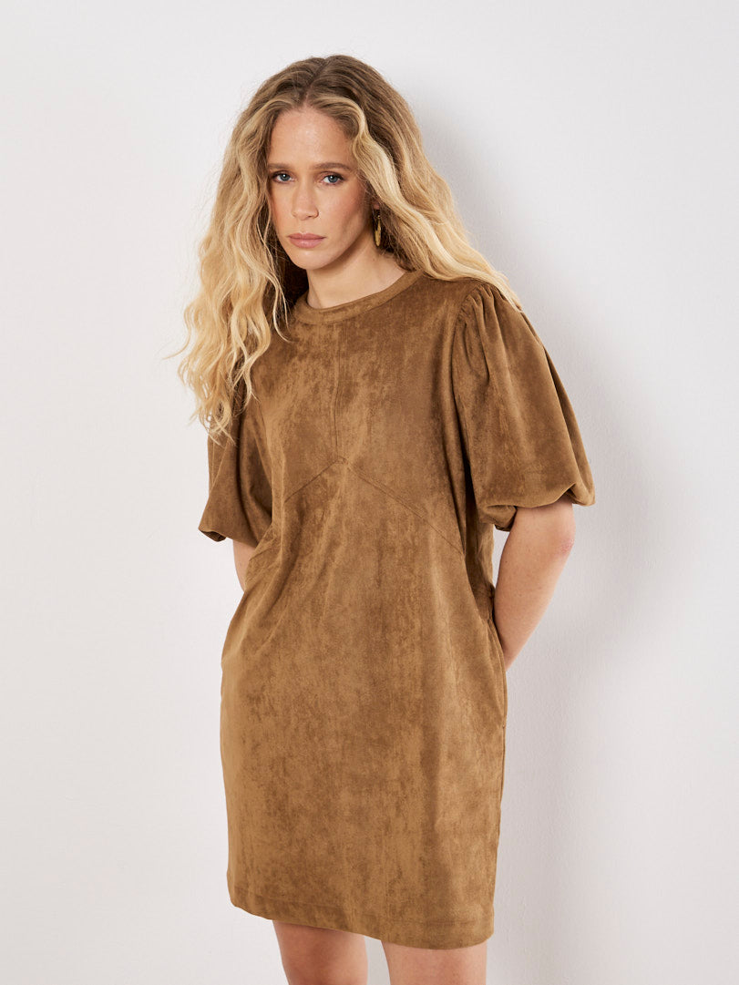 Brown Suede Mini Dress w/ Puff Sleeve