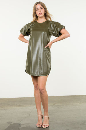 THML Olive Puff Sleeve Faux Leather Dress