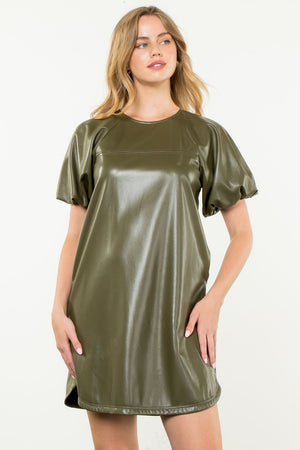 THML Olive Puff Sleeve Faux Leather Dress