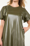 THML Olive Puff Sleeve Faux Leather Dress