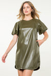 THML Olive Puff Sleeve Faux Leather Dress