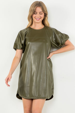 THML Olive Puff Sleeve Faux Leather Dress