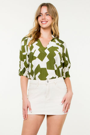 THML Geo Print Olive Blouse