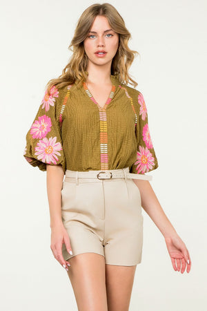 THML Floral puff sleeve blouse OLIVE