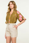 THML Floral puff sleeve blouse OLIVE