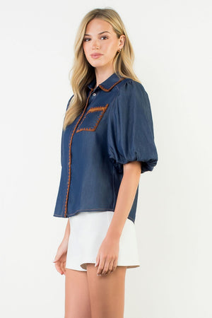 THML Puff Sleeve Denim Top