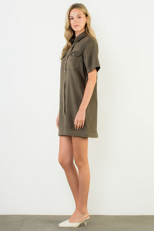 THML Pearl Snap Olive Suede Dress
