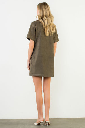 THML Pearl Snap Olive Suede Dress