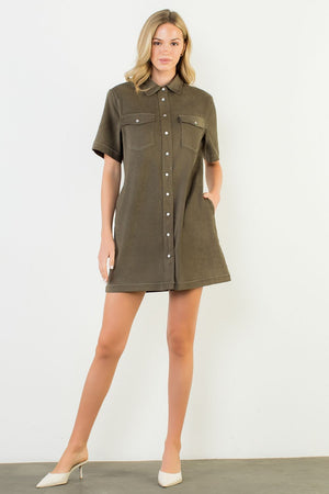 THML Pearl Snap Olive Suede Dress