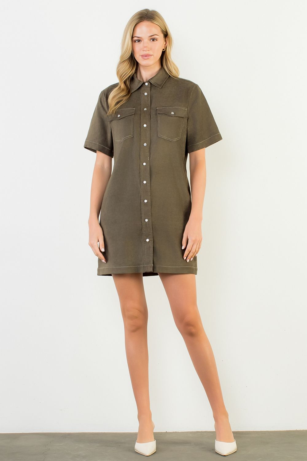 THML Pearl Snap Olive Suede Dress
