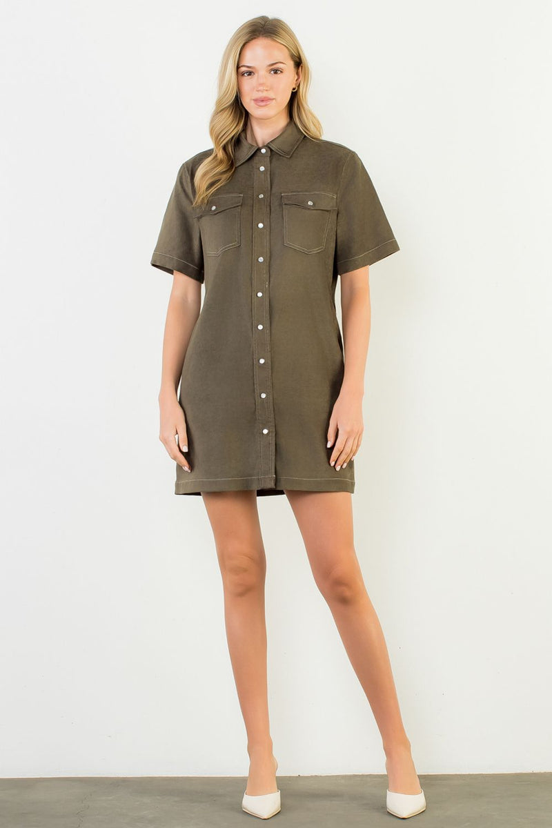 THML Pearl Snap Olive Suede Dress