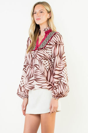 THML Abstract Blouse w/ Wine Trim