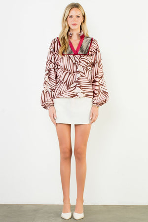 THML Abstract Blouse w/ Wine Trim