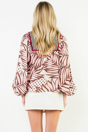 THML Abstract Blouse w/ Wine Trim
