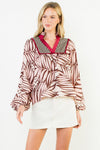 THML Abstract Blouse w/ Wine Trim