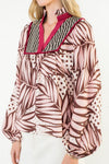 THML Abstract Blouse w/ Wine Trim