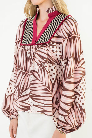 THML Abstract Blouse w/ Wine Trim