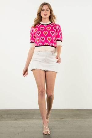 THML Heart Short Sleeve Sweater Pink