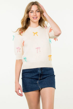 THML Cream Bow Tie short sleeve sweater