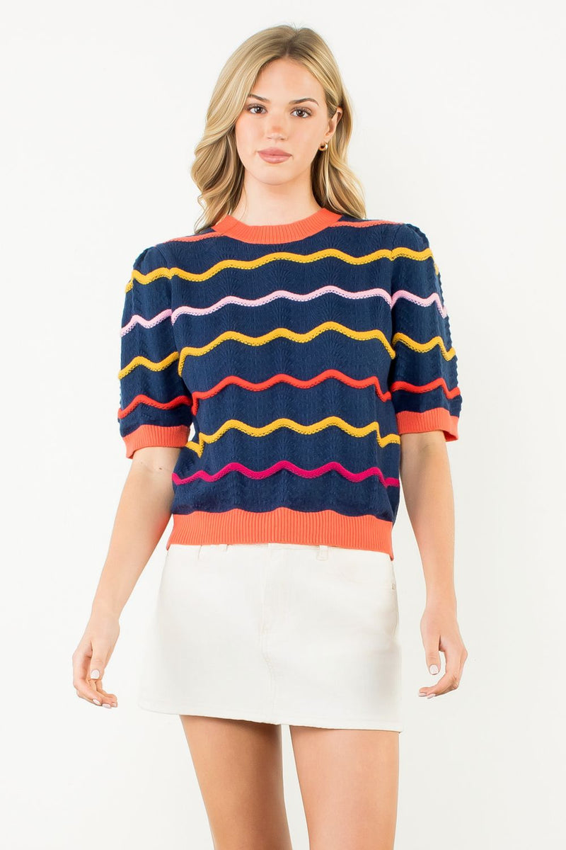THML Navy Short Sleeve Sweater with Color Pop