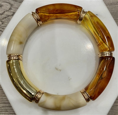 Tortoise Acrylic Bamboo Tube and Gold Stretch Bracelet