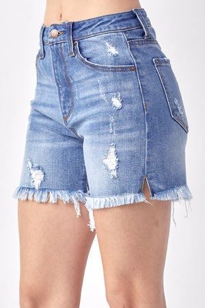 Light wash med length jean shorts