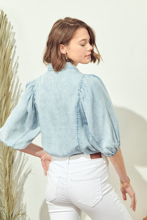 Denim button down with puff sleeve