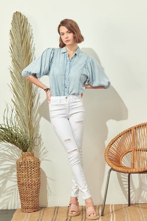 Denim button down with puff sleeve