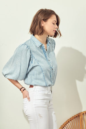 Denim button down with puff sleeve