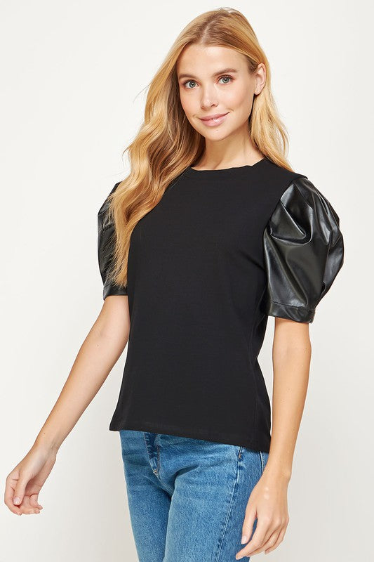 Faux leather puff sleeve top