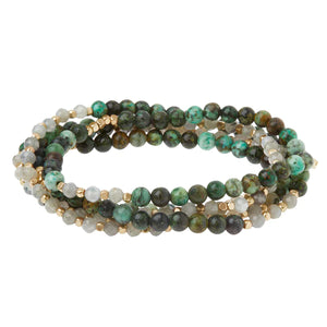 Stone Duo Wrap Bracelet/Necklace/Pin - Labradorite & African Turquoise/Gold